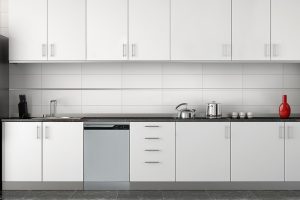 Interior of modern kitchen with white walls, concrete floor, gray countertops and cupboards and shelves with kitchenware. 3d rendering; Shutterstock ID 1641706945; purchase_order: -; job: -; client: -; other: -